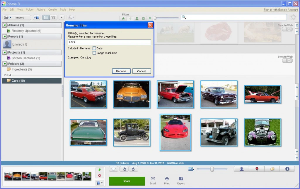 Rename files screen in Google Picasa
