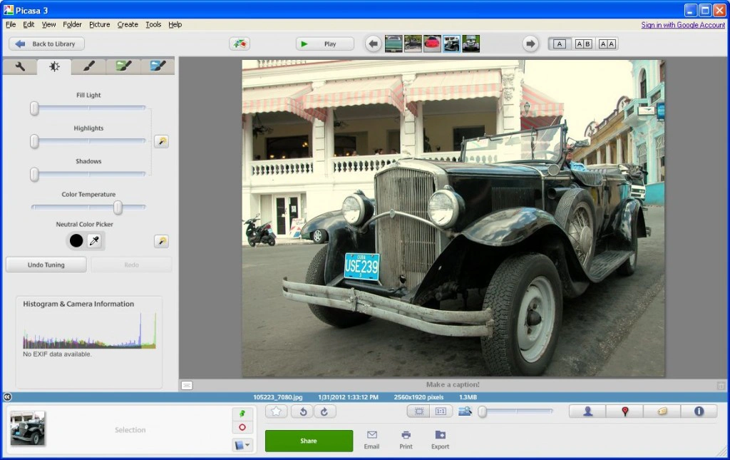 Tuning Tab in Picasa - Add or remove shadows and hightlights or change color temperature