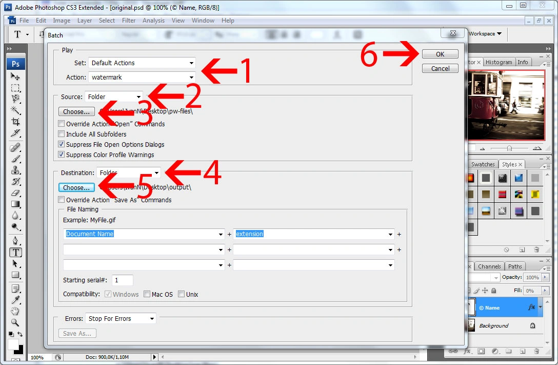 Batch watermarking in Photoshop tutorial - Step #8 - Start the batch watermarking